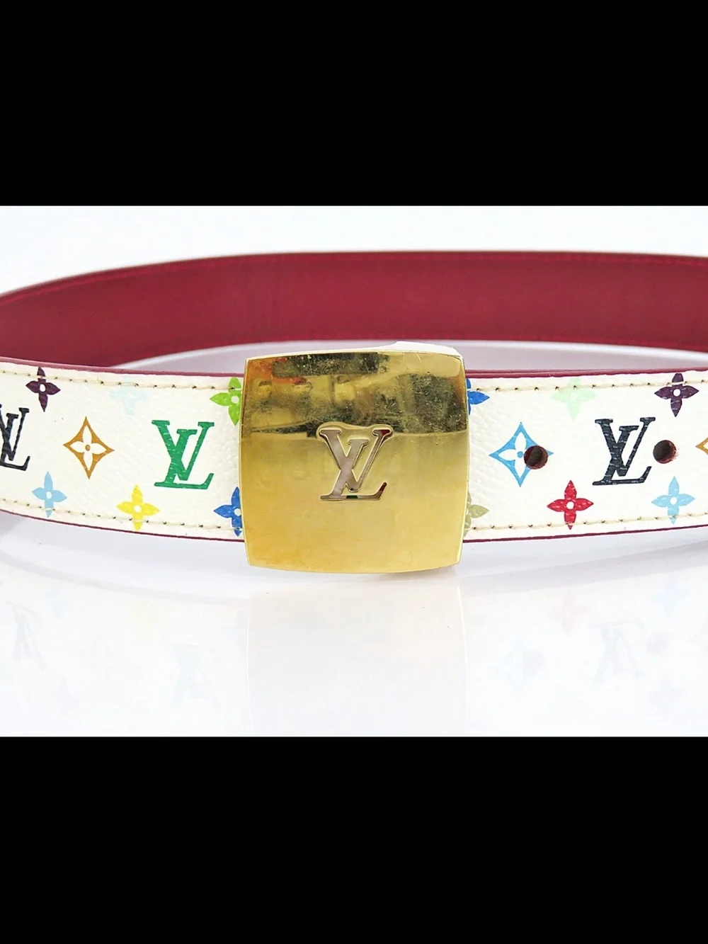 Louis Vuitton White Multicolor Monogram Belt with Gold LV Buckle